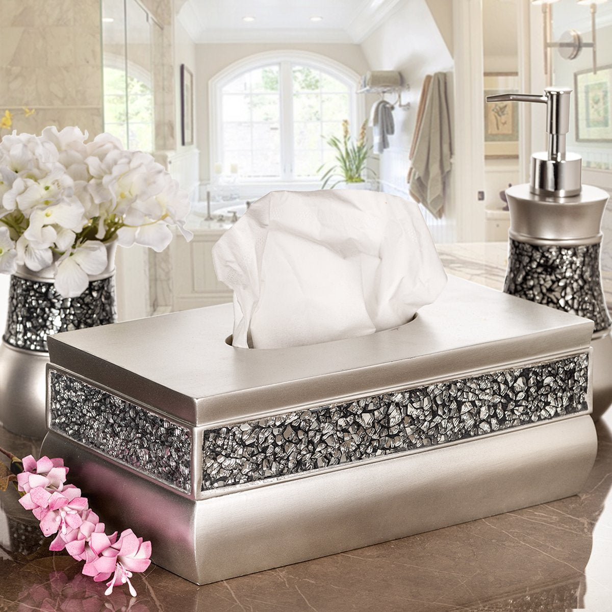 Crackled Glass Silver Tissue Box Cover Rectangular