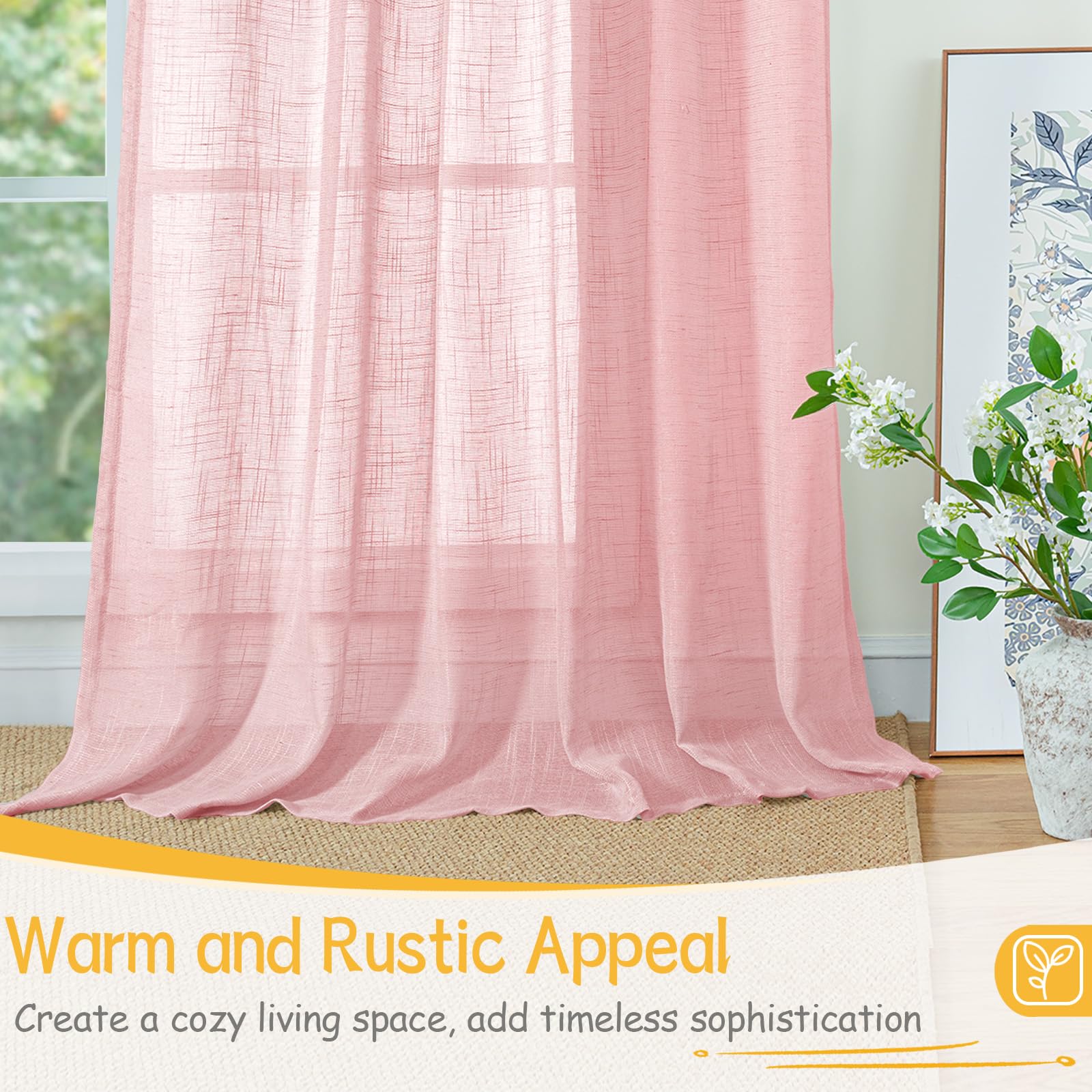 Light Pink Linen Semi Sheer Curtains 63 Inch Length for Living Room (2 Count)