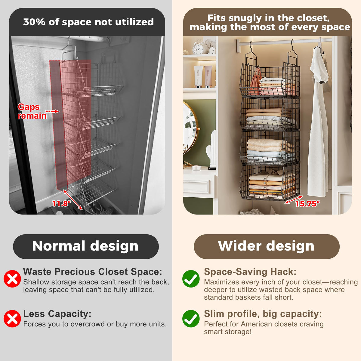 4" Extra Deeper Hanging Closet Organizers and Storage (4 Count)