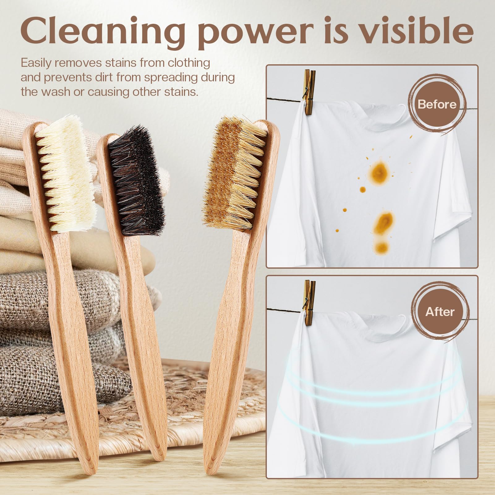 3 Pcs Wood Laundry Stain Brush Stain Remover Brushes with Boar Bristle Small Stain Brush for Clothes for Scrubbing Stains from Furniture Fabric Leather (3 Count)