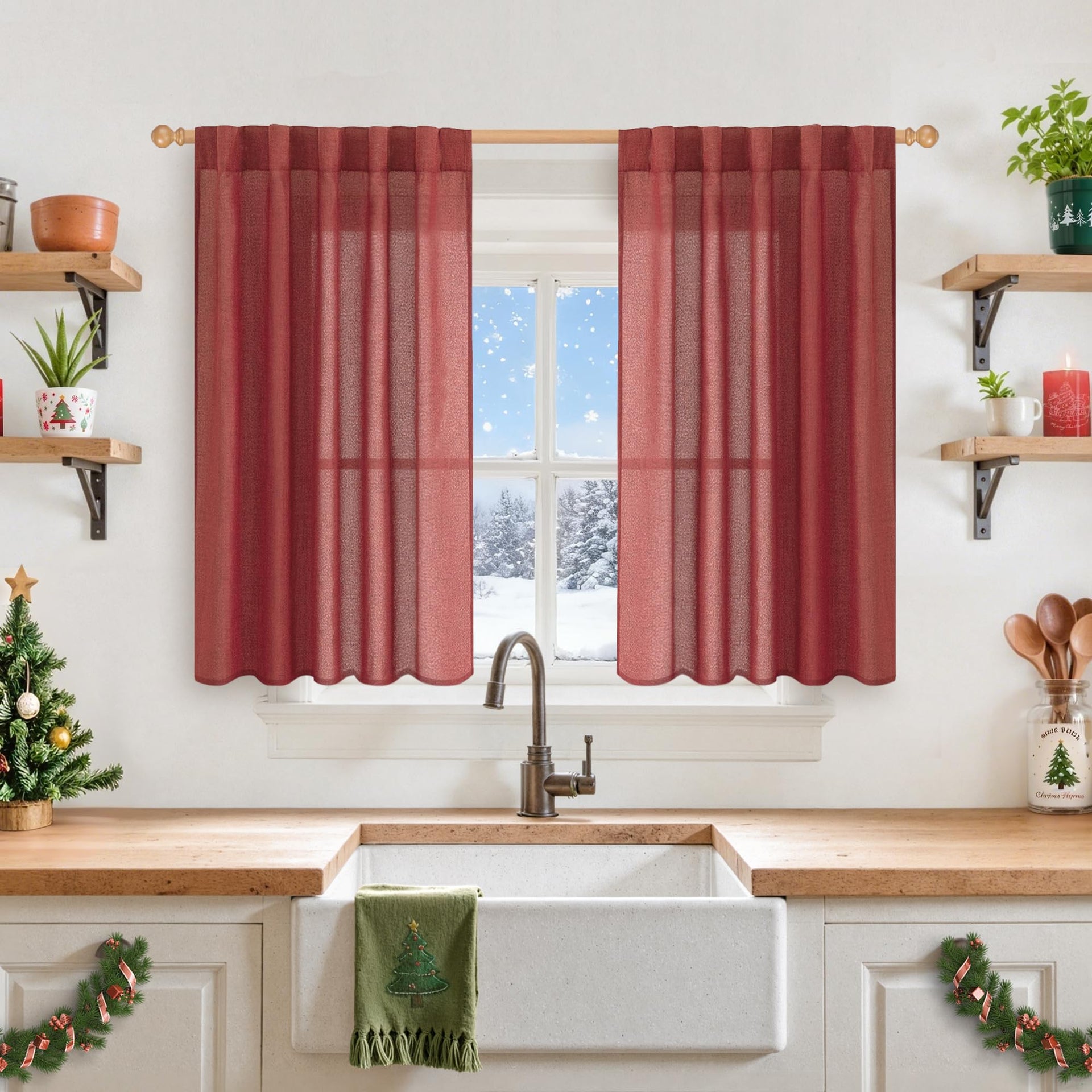 Burgundy Red Linen Kitchen Window Curtains 40 Inch Long (2 Count)