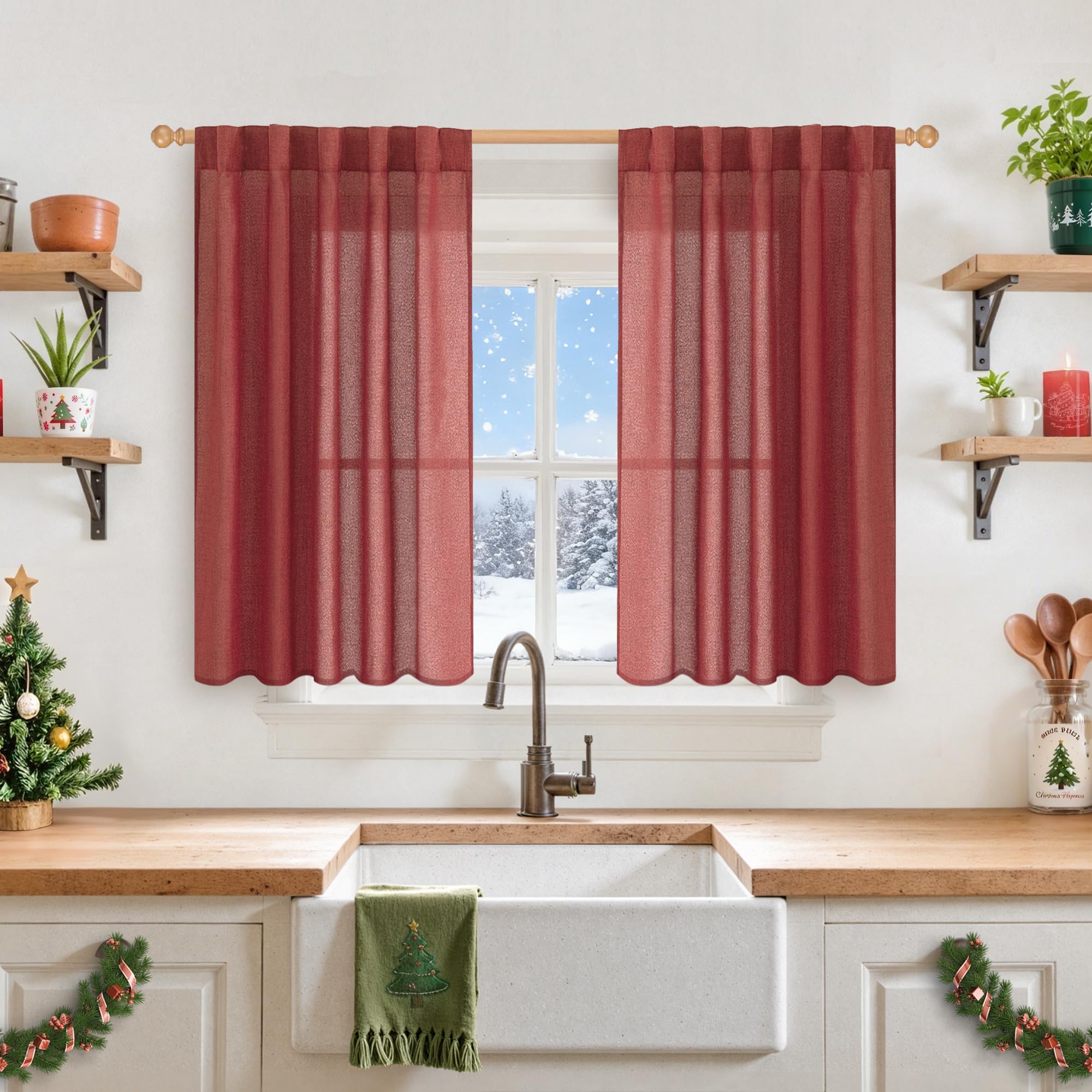 Burgundy Red Linen Kitchen Window Curtains 40 Inch Long (2 Count)