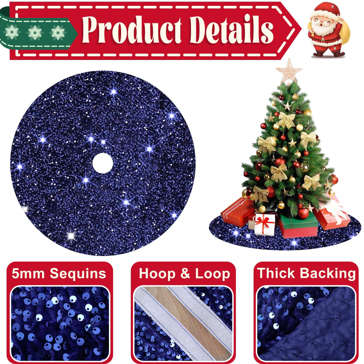 Navy Blue Christmas Tree Skirt 36 Inch Sequined Tree Skirt Navy Velvet Tree Skirt Sparkly Tree Cover Skirt for 4ft Xmas Tree Personalized Christmas Tree Skirt Mat for Xmas Party Decor