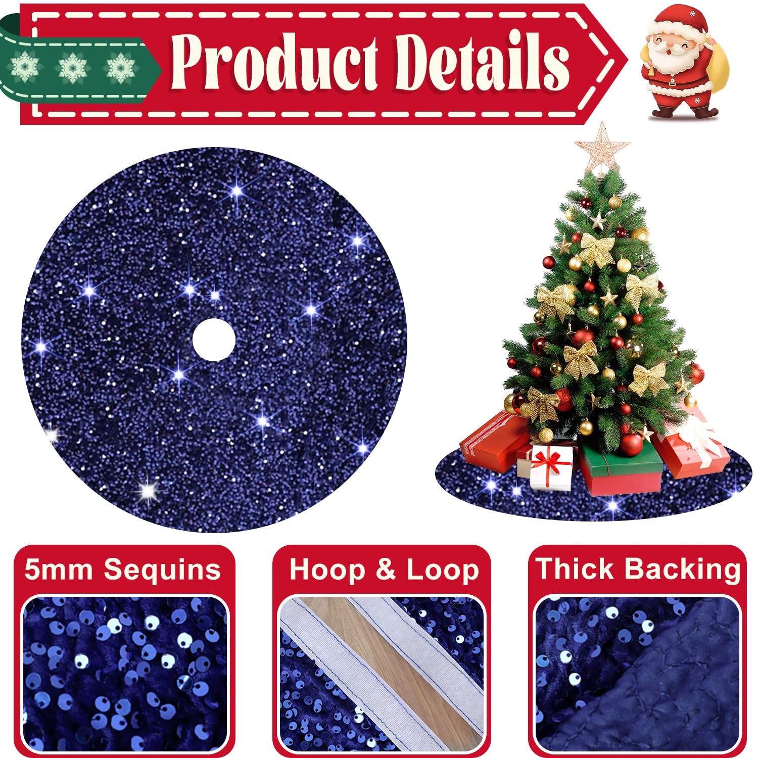 Navy Blue Christmas Tree Skirt 36 Inch Sequined Tree Skirt Navy Velvet Tree Skirt Sparkly Tree Cover Skirt for 4ft Xmas Tree Personalized Christmas Tree Skirt Mat for Xmas Party Decor