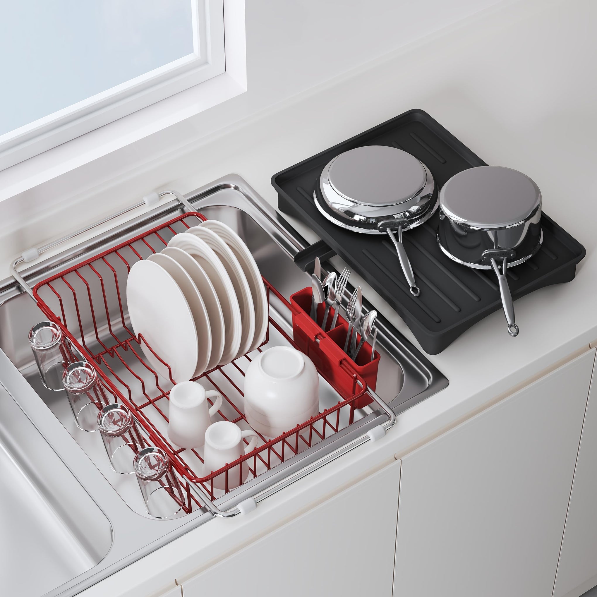 Red Dish Drying Rack in Sink with Drainboard and Utensil Holder