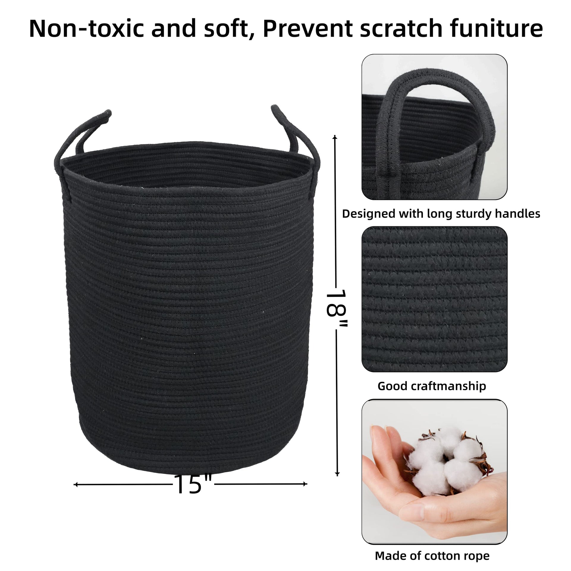 Black Cotton Rope Laundry Basket Hamper for Clothes Large