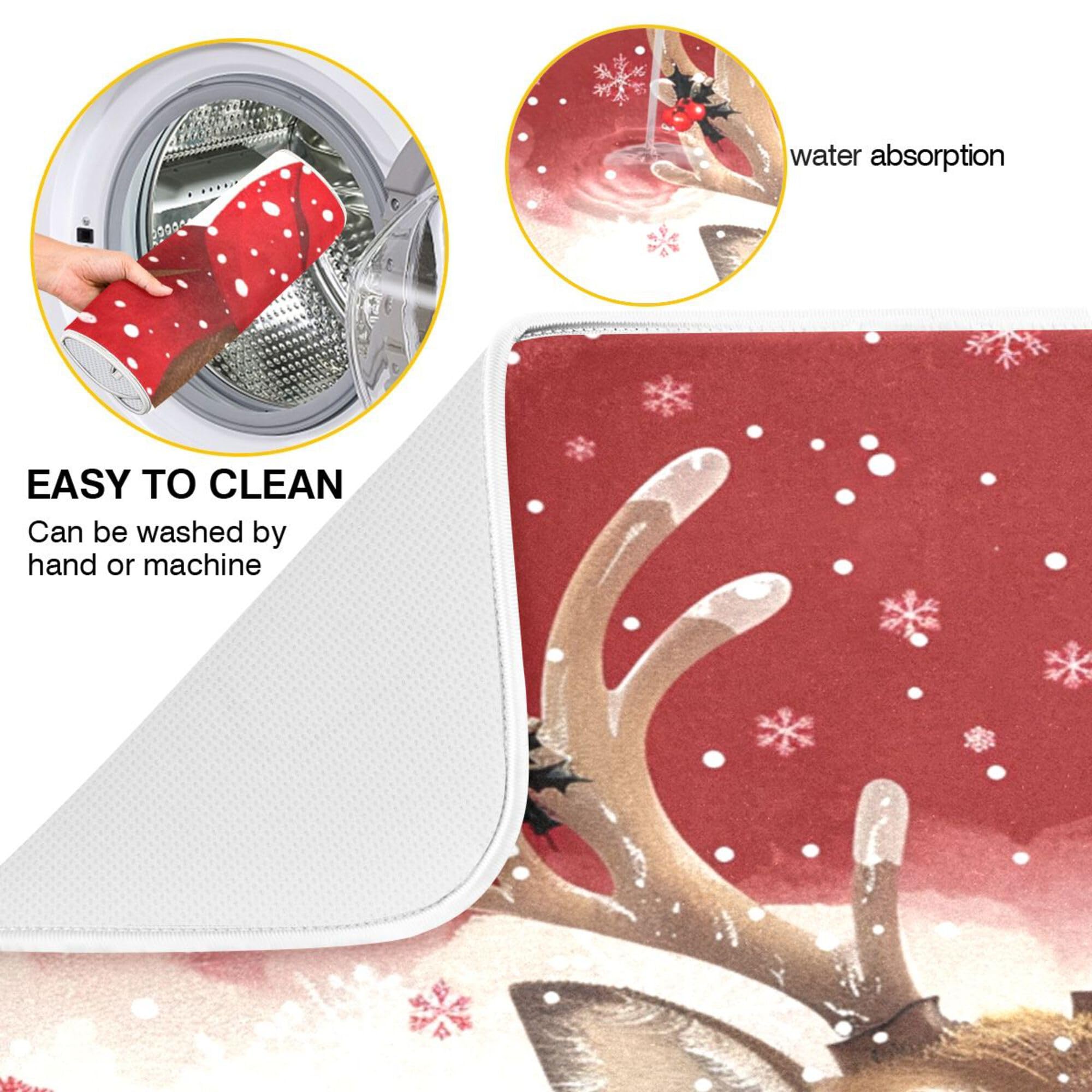 Christmas Reindeer Dish Drying Mat for Kitchen Countertop 18x24 Winter Snowflake Red Xmas Large Drying Mat Reusable Quick Dry Dish Sink Mats Easy Clean Decorative Essentials