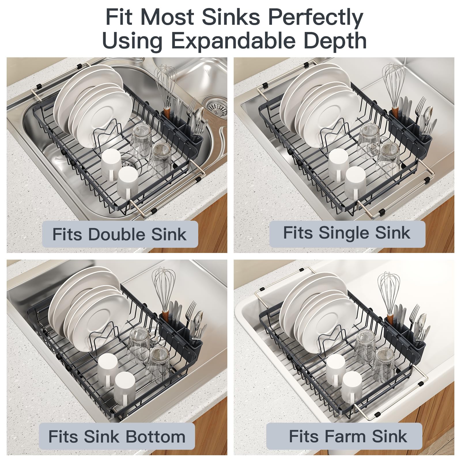 Grey Dish Drying Rack Over The Sink with Utensil Holder