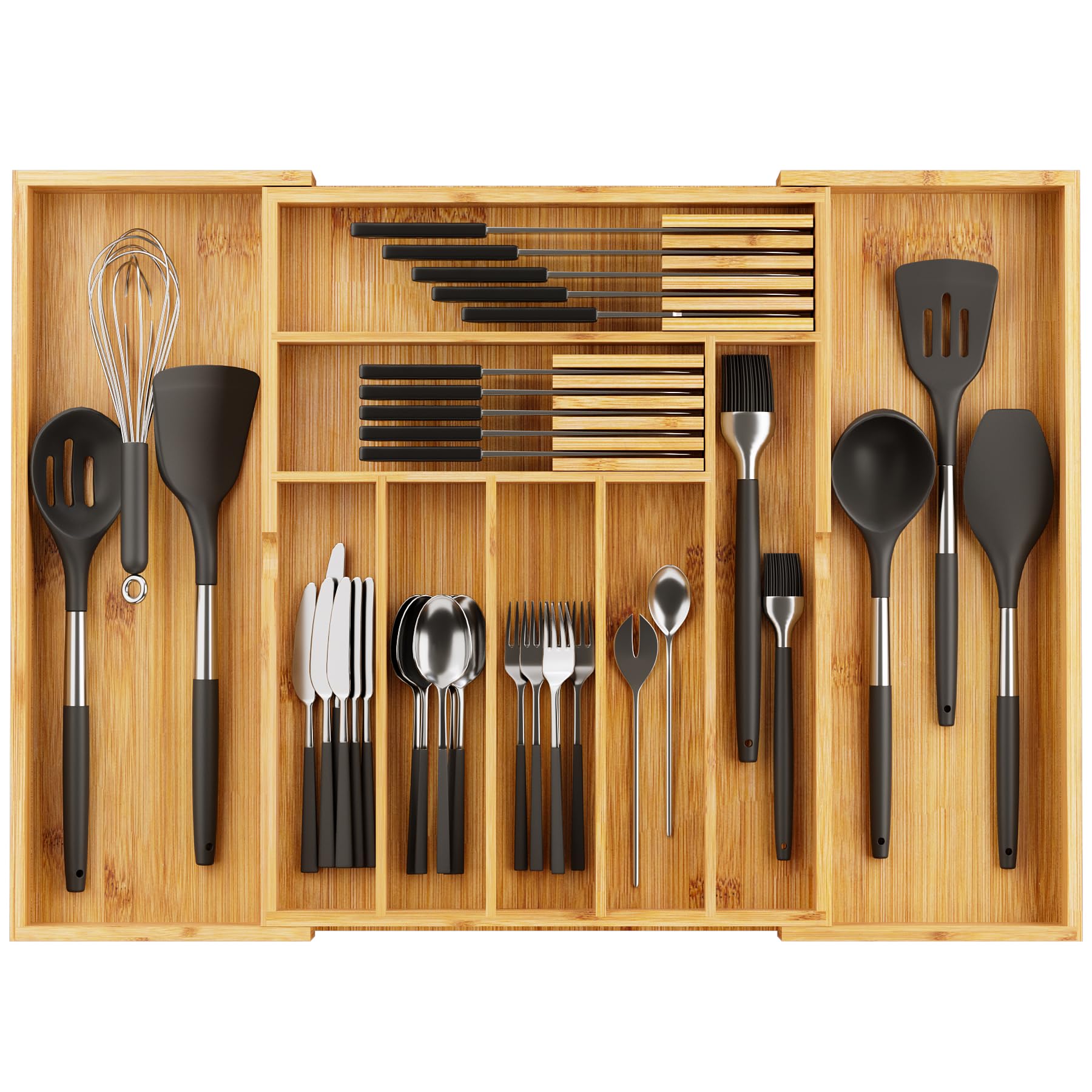 Bamboo Drawer Organizer Expandable Kitchen Silverware Organizer with 7