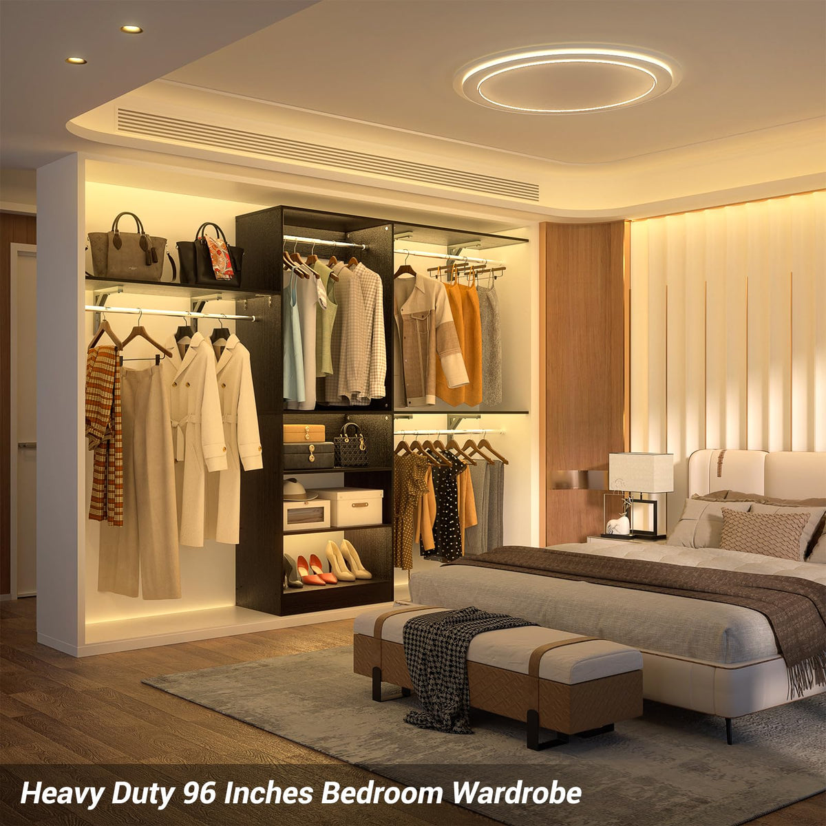 8FT Closet System with 3 Wooden Storage Shelves