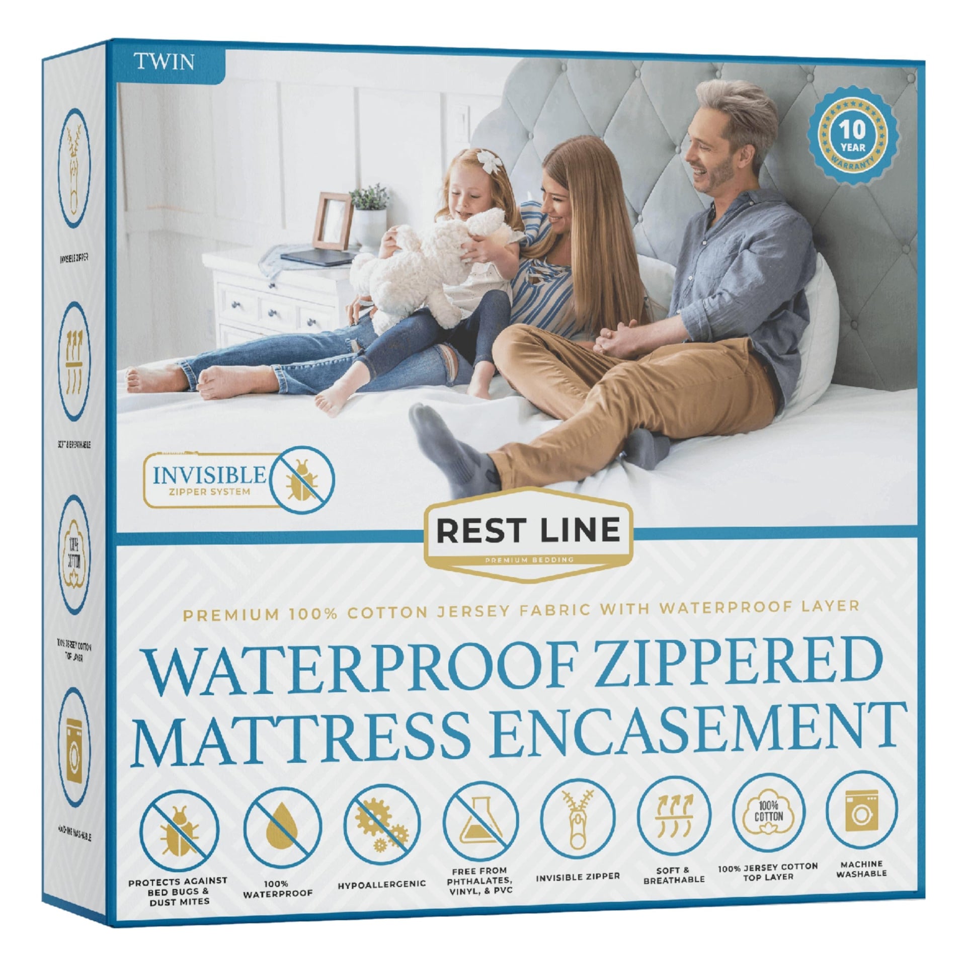 Rest Line 100% Cotton Waterproof Zippered Mattress Encasement