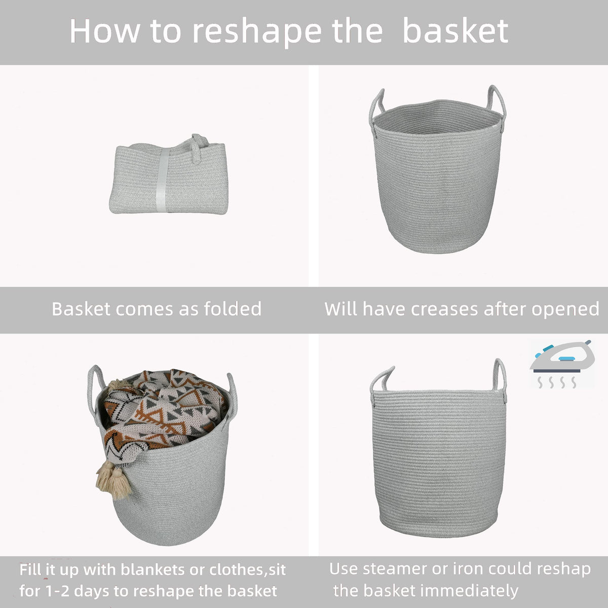 Cotton Rope Laundry Basket Hamper for Clothes Large Light Grey