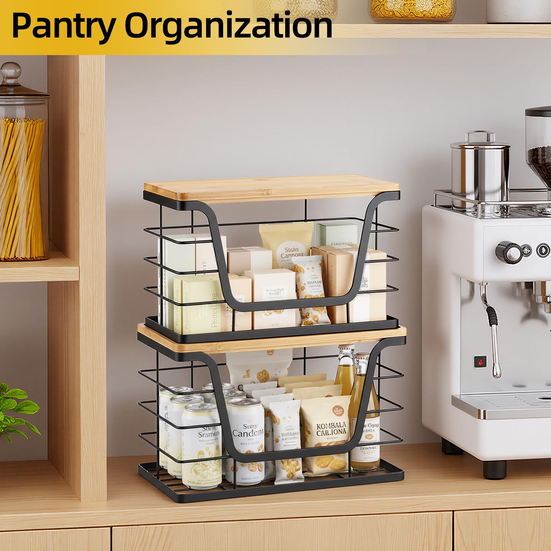 2 Pack Storage Stackable Kitchen Laundry Organizers with Bamboo Top (2 Count)