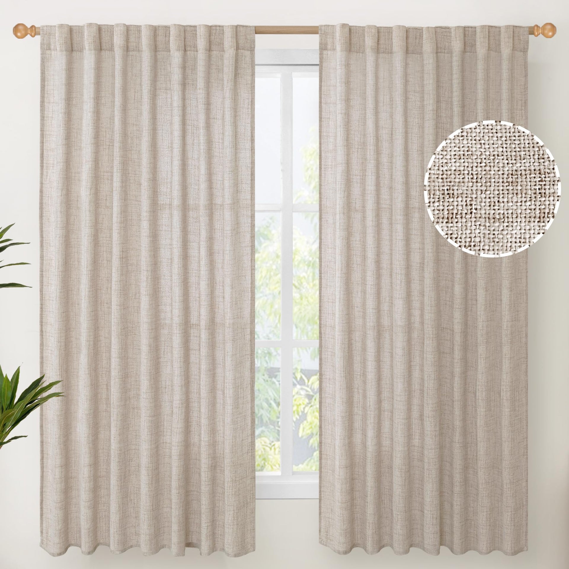 Natural Linen Curtains 60x63 Inch Length for Living Room 2 Panels (2 Count)