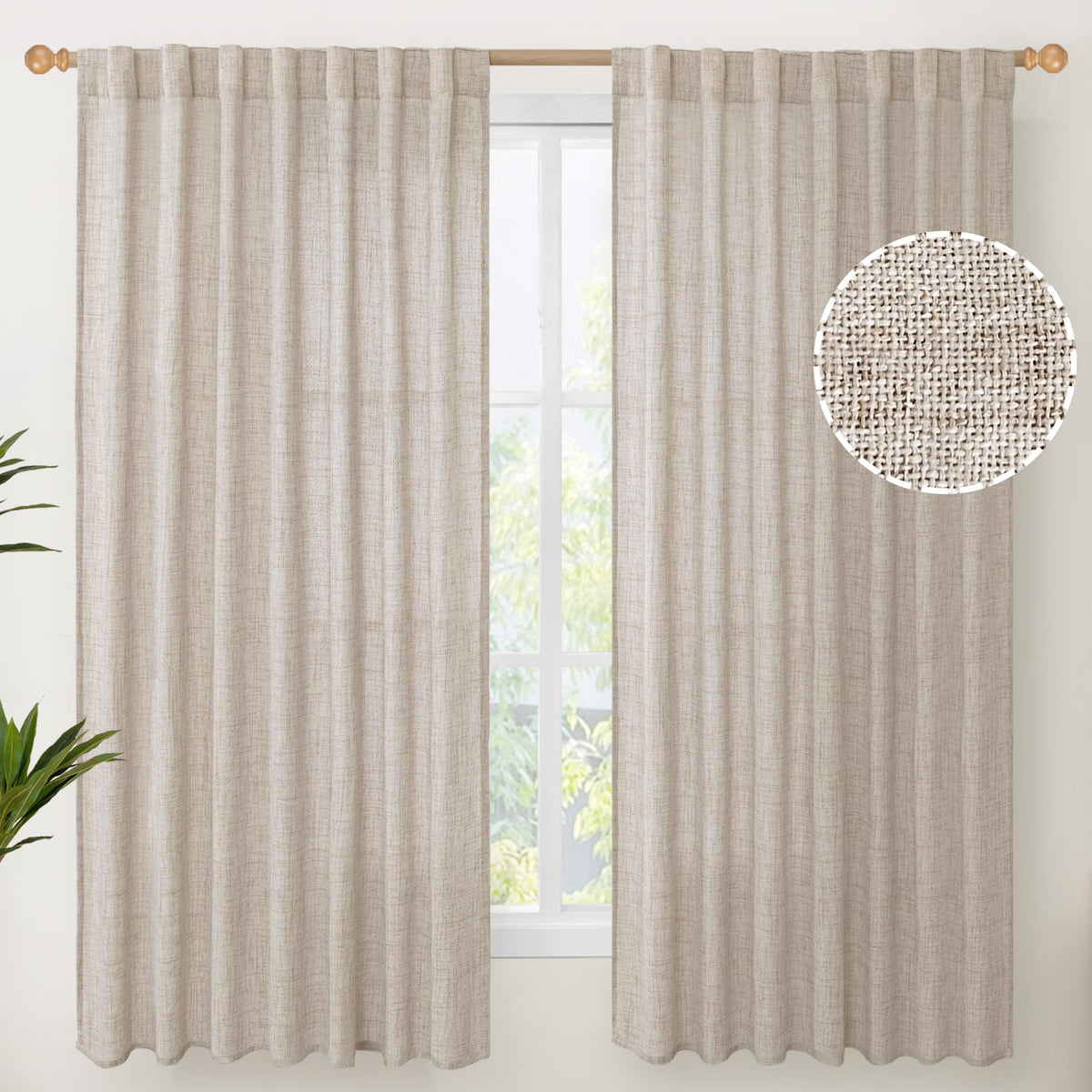 Natural Linen Curtains 60x63 Inch Length for Living Room 2 Panels (2 Count)