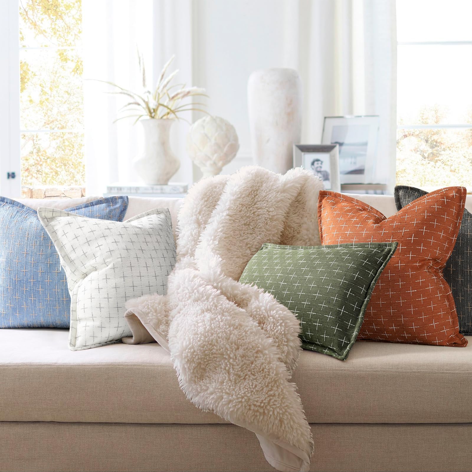 12x20 Pillow Covers Set of 2 Soft Polyester Textured Lumbar Pillow Covers with Stylish Flange Edge Cozy Farmhouse Throw Pillows for Couch Bed Sofa Living Room (2 Count)