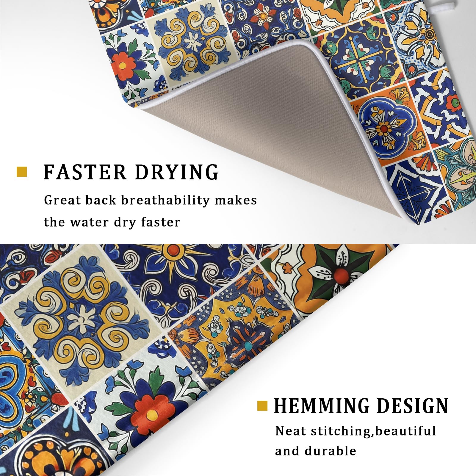 Talavera Mexican Tiles Dish Drying Mat for Kitchen Counter 16x18 Inch Mexican Flower Decorations Dish Draining Mat Mexican Tilt Fast Absorbent Tableware Dishes Pad for Coffee Bar Countertop