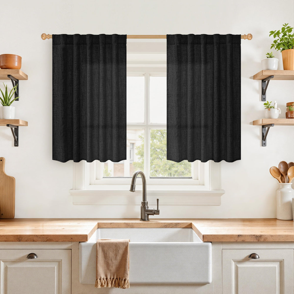 Black Linen Curtains 36 Inch Long for Kitchen 2 Panels (2 Count)