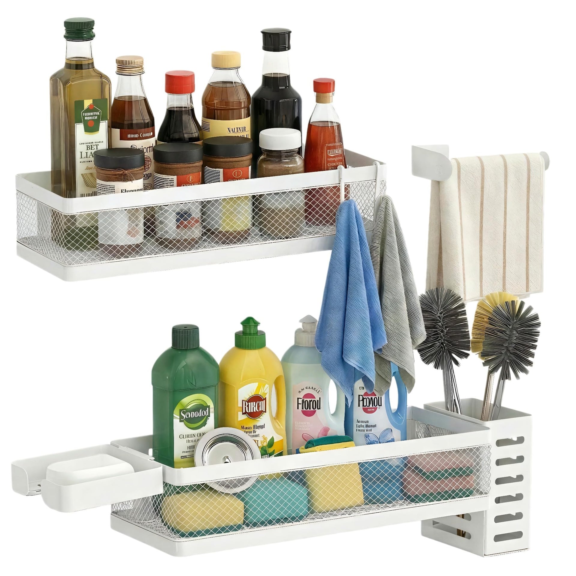 5-in-1 Wide Wall Mount Wrapped Mesh Kitchen Organizer & Shower Caddy Kit, with Paper Towel Holder, Utensil Holder, Soap Dish, Heavy Duty 50LBS - White, Netting