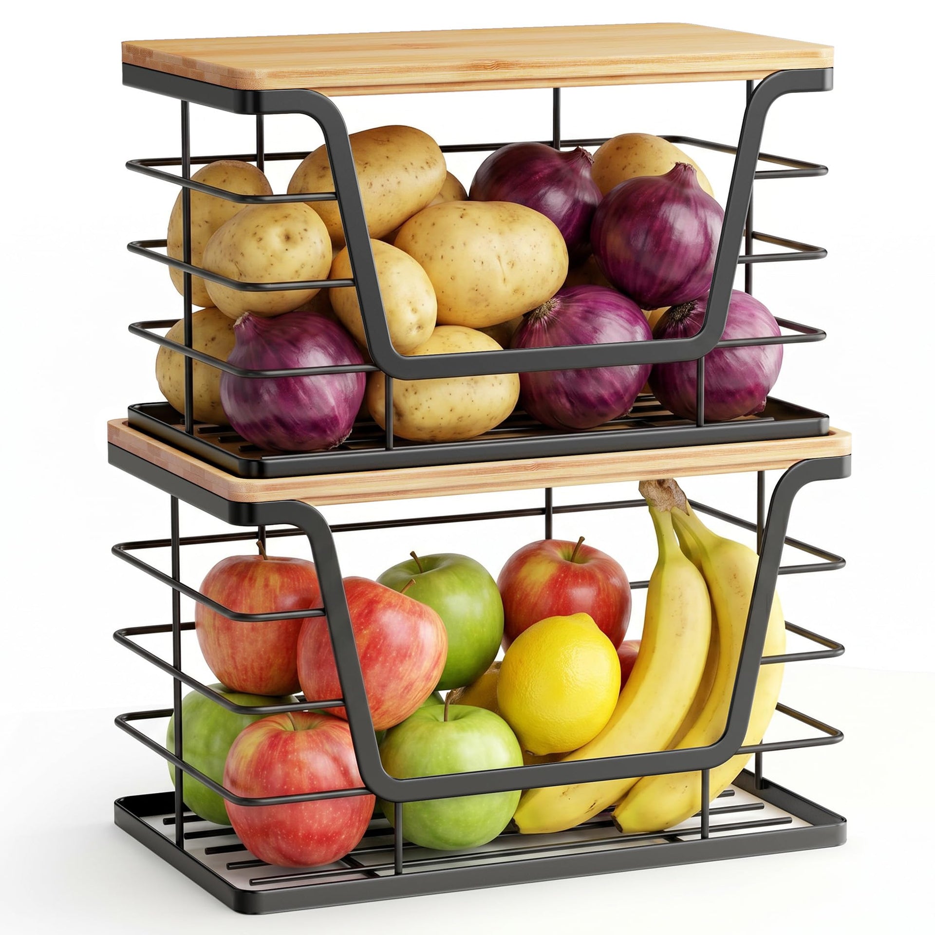2 Pack Stackable Wire Storage Basket with Bamboo Lid