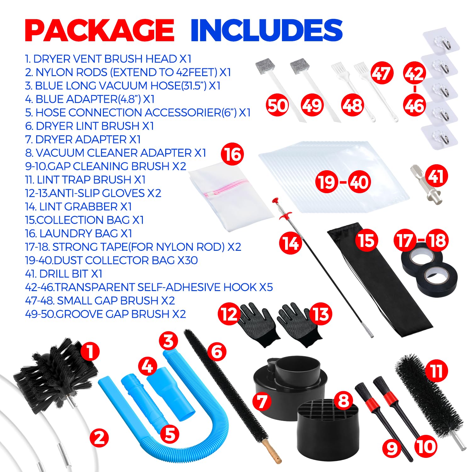 42FT Dryer Vent Cleaner Kit 50Pcs
