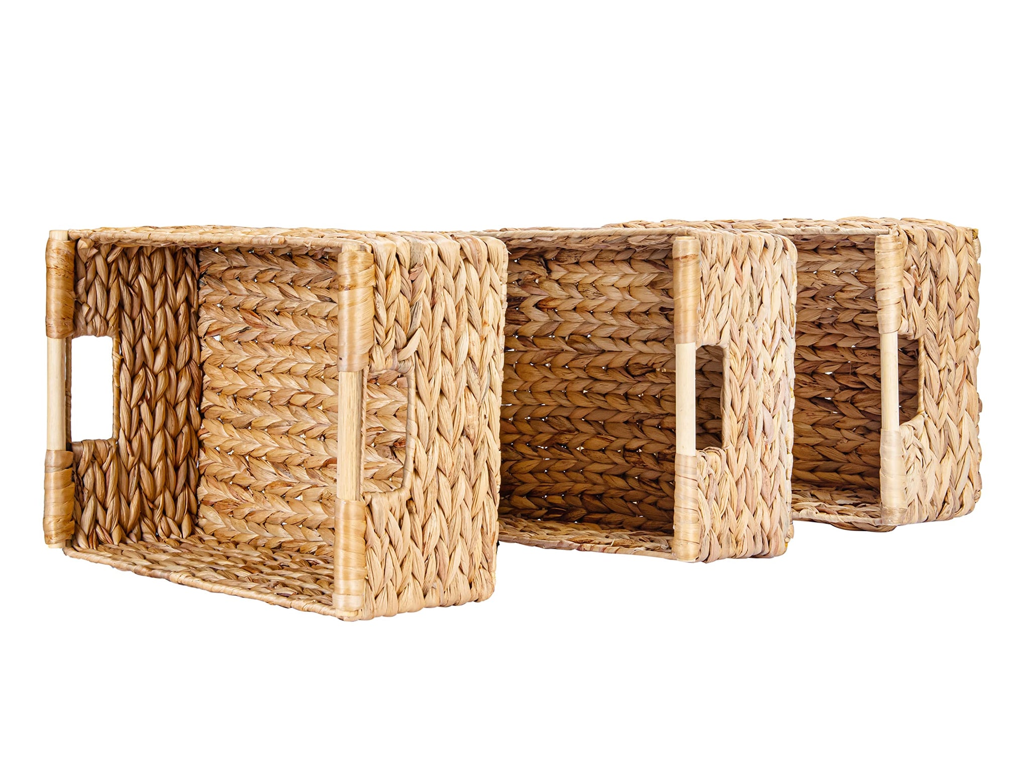 Large Wicker Basket Rectangular with Wooden Handles for Shelves (3 Count)
