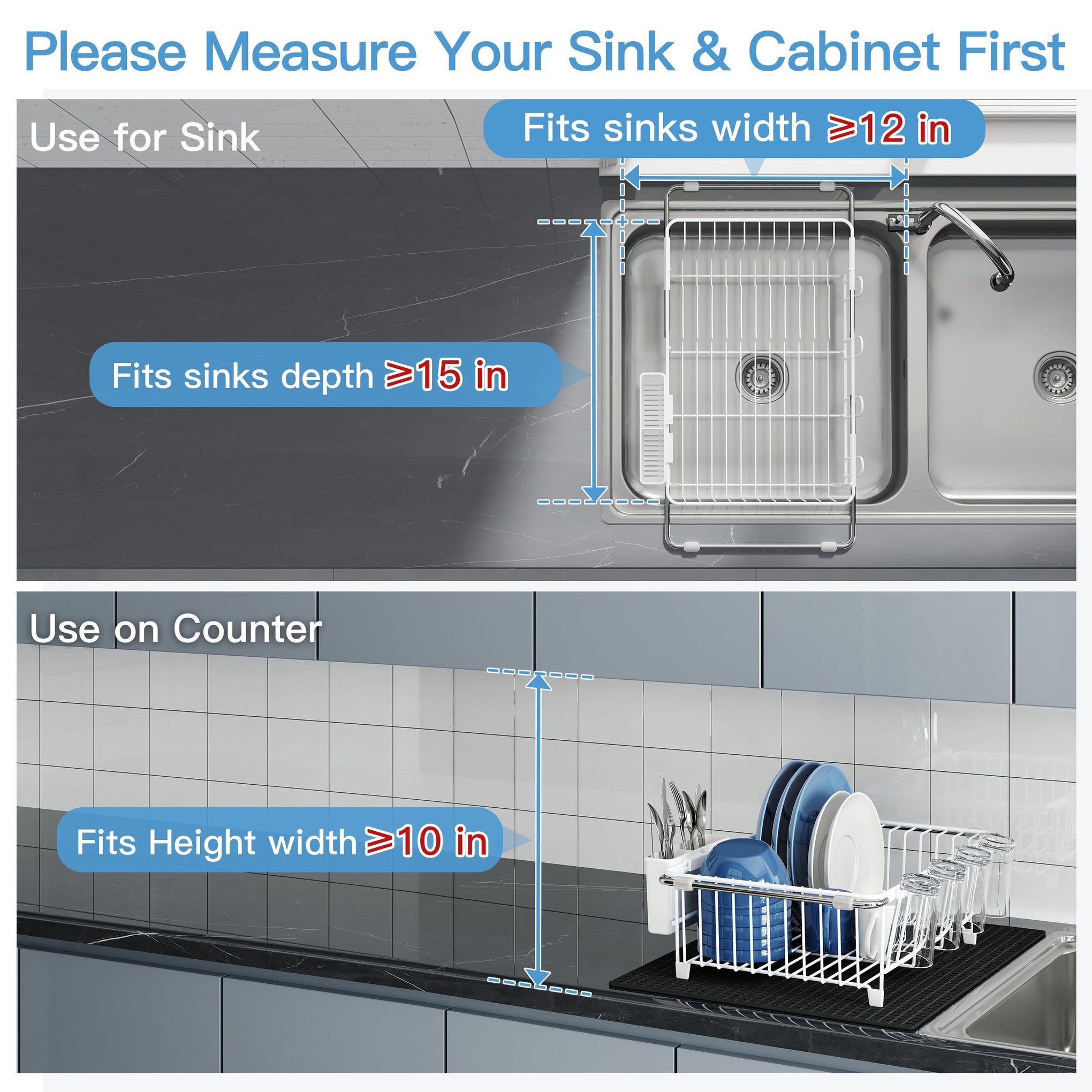White Dish Drying Rack in Sink with Mat