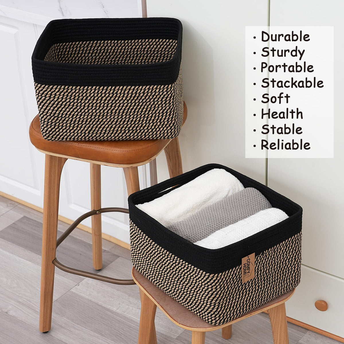 3PACK Cotton Rope Square Basket with Handles for Shelves (3 Count)