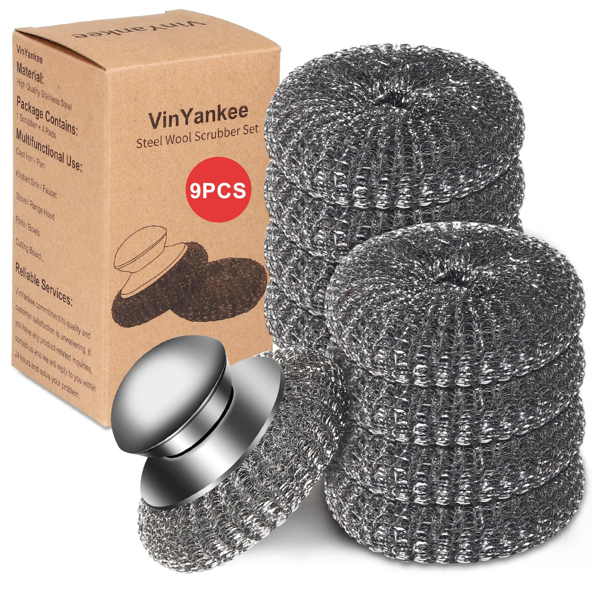 9Pcs Steel Wool Scrubber with Replacement Wire Sponge Pads Set (9 Count)