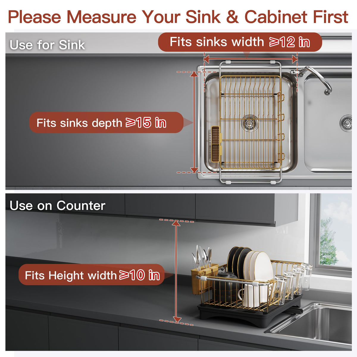 Gold Dish Drying Rack in Sink with Drainboard and Utensil Holder