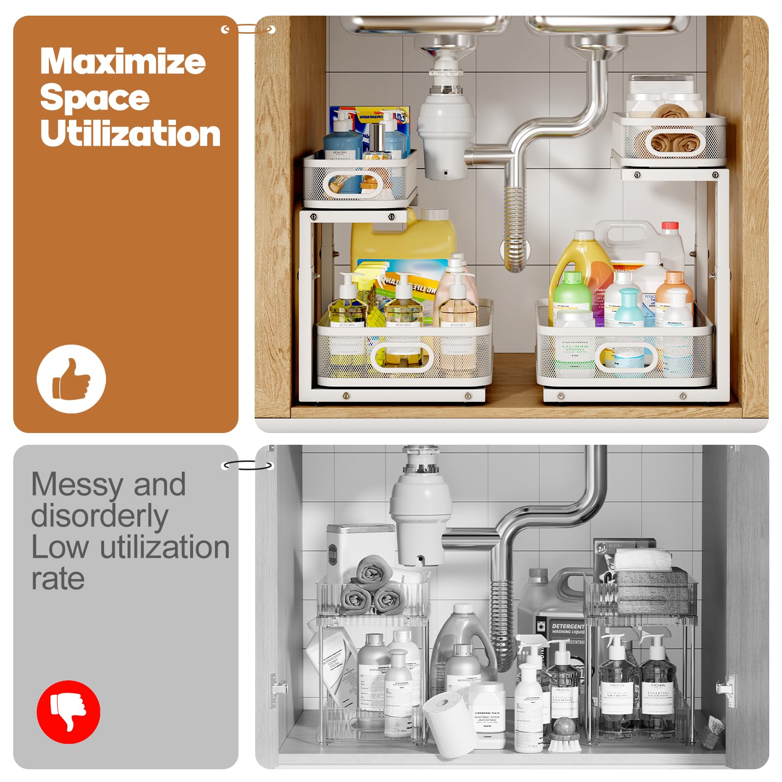 2 Pack Under Sink Organizer With Smooth Cylindrical Rail (2 Count)
