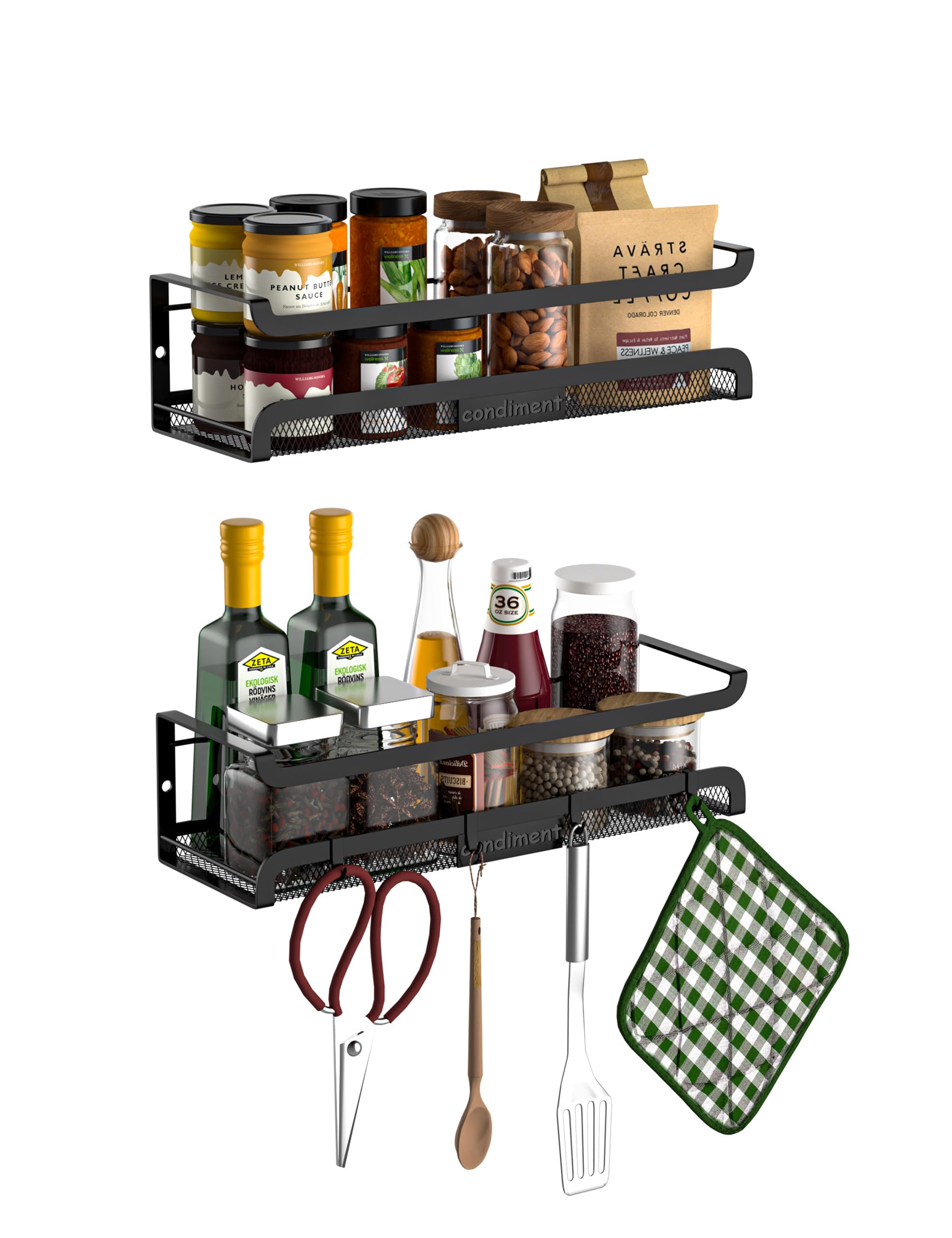 Spice Rack Wall Mount with Hooks (2 Count)