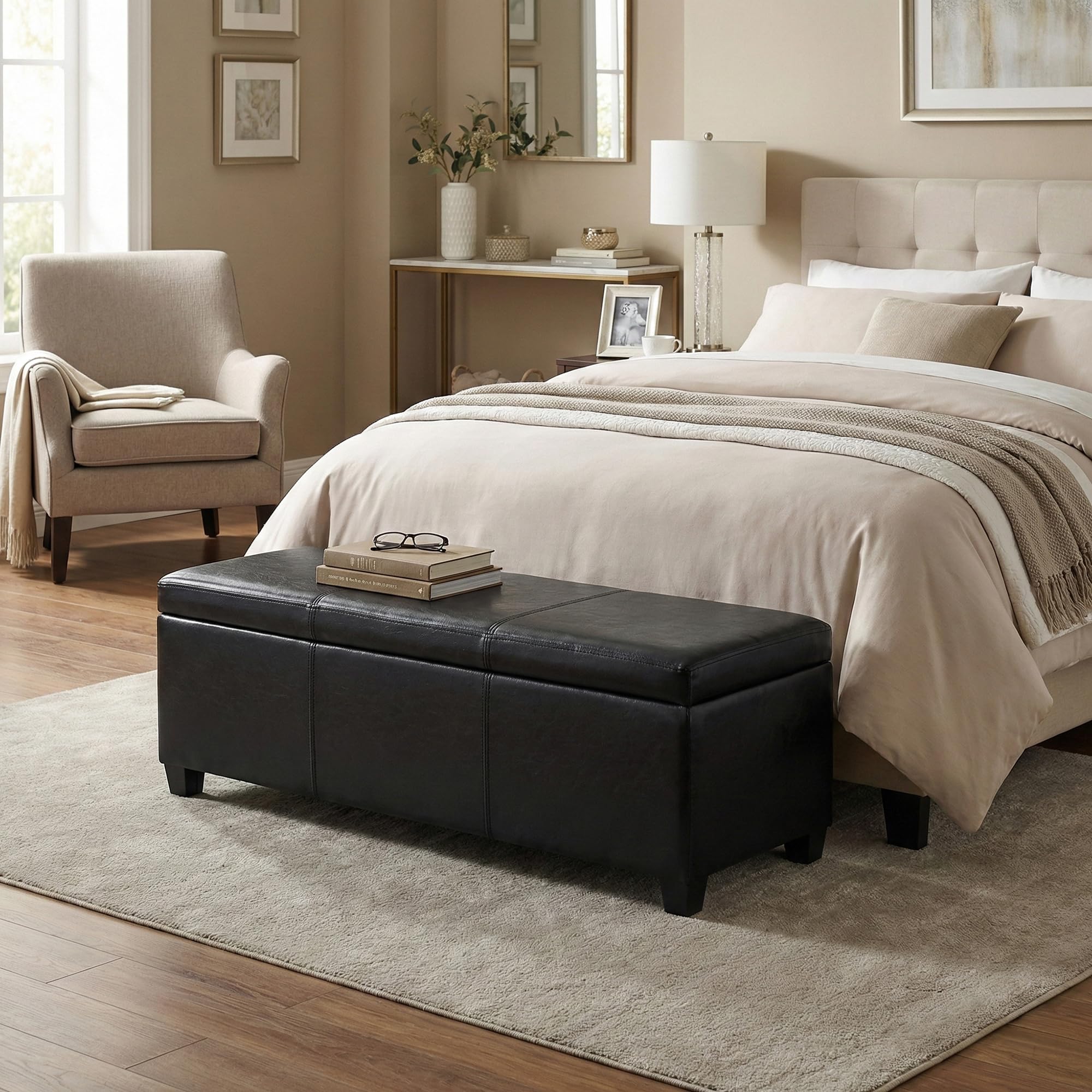 Avalon 48" Wide Boucle Fabric Storage Ottoman in Ivory Boucle