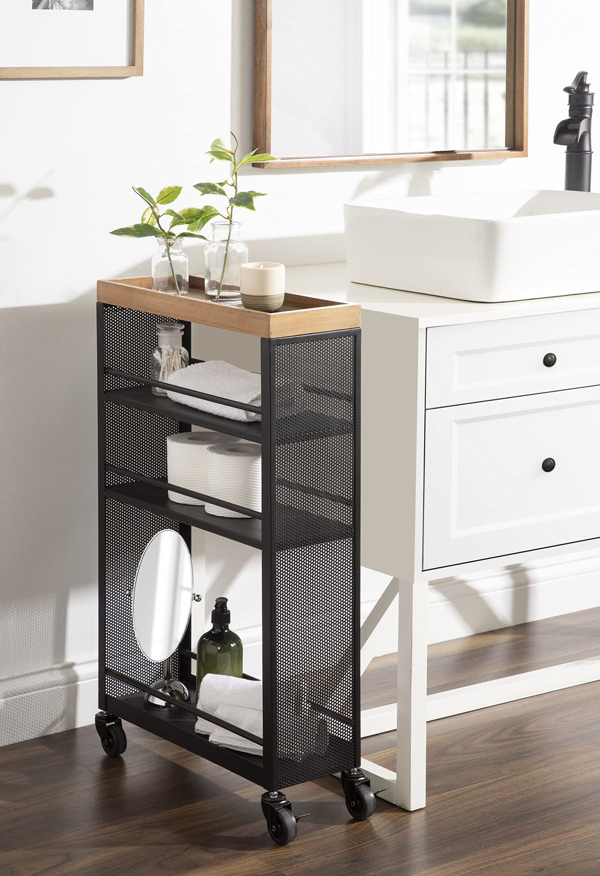 Piazza Decorative Slim Storage Cart; 18 x 7 x 30; Natural Wood and Black; Decorative Narrow Rolling Cart with Locking Wheels and Three Storage Shelves for Kitchen or Laundry Room