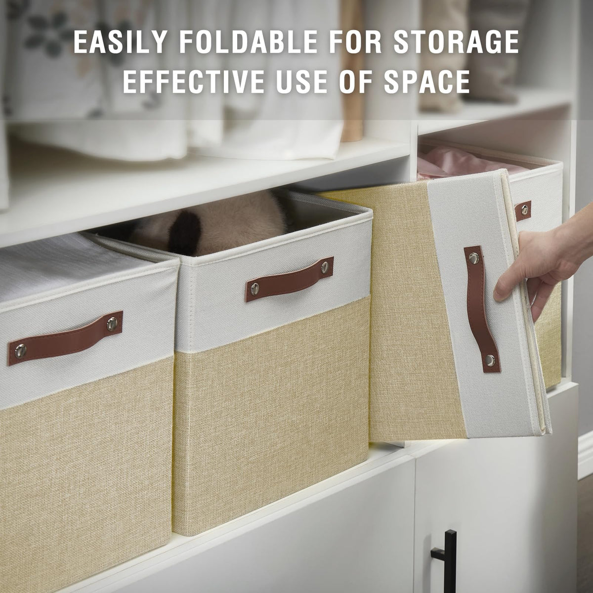 Collapsible Fabric Storage Cube Bins with 2 Reinforced PU Handles (4 Count)