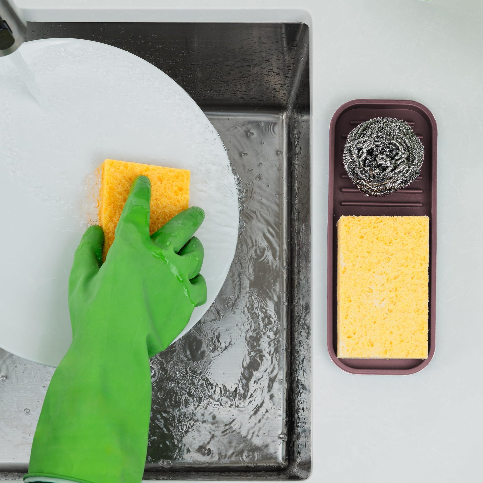 9x3.5) Silicone Sponge Holder for Kitchen Sink - Flexible Multipurpose Soap Tray - Sink Organizer for Kitchen, Bathroom, Makeup, Trinkets & More (Dark Mahogany)