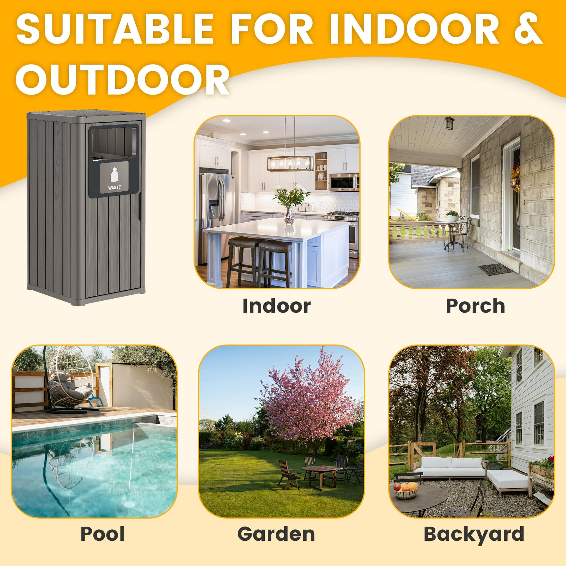 Outdoor Trash Can Waterproof Resin Patio Garbage Can for Outdoor Trash Bin for Patio
