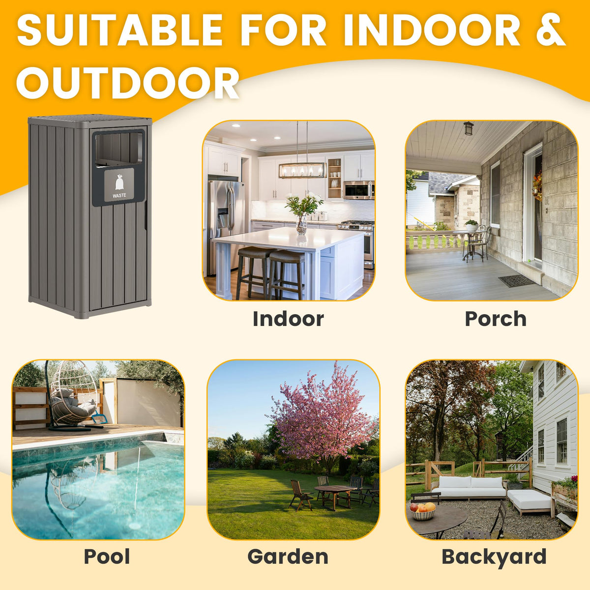 Outdoor Trash Can Waterproof Resin Patio Garbage Can for Outdoor Trash Bin for Patio