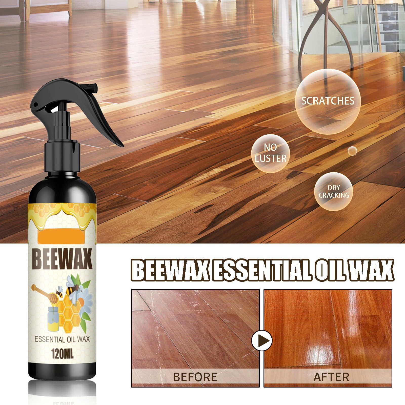 Beeswax Spray Cleaner with Sponge & Towel for Wood Furniture (4 Fl Oz)