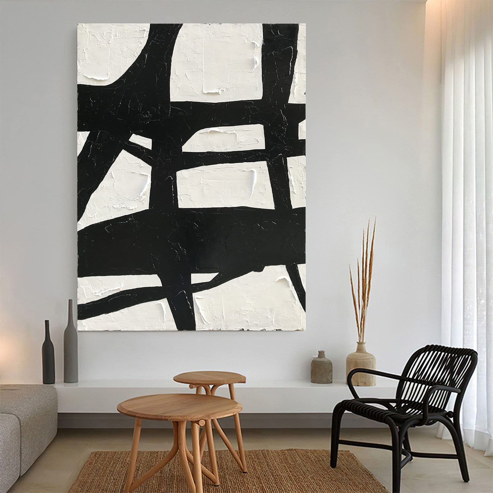 Art Hand Painted Large Black and White Abstract contemporary minimalist oil painting work It is suitable for decorating the interior office walls and its size is 48x36 inches