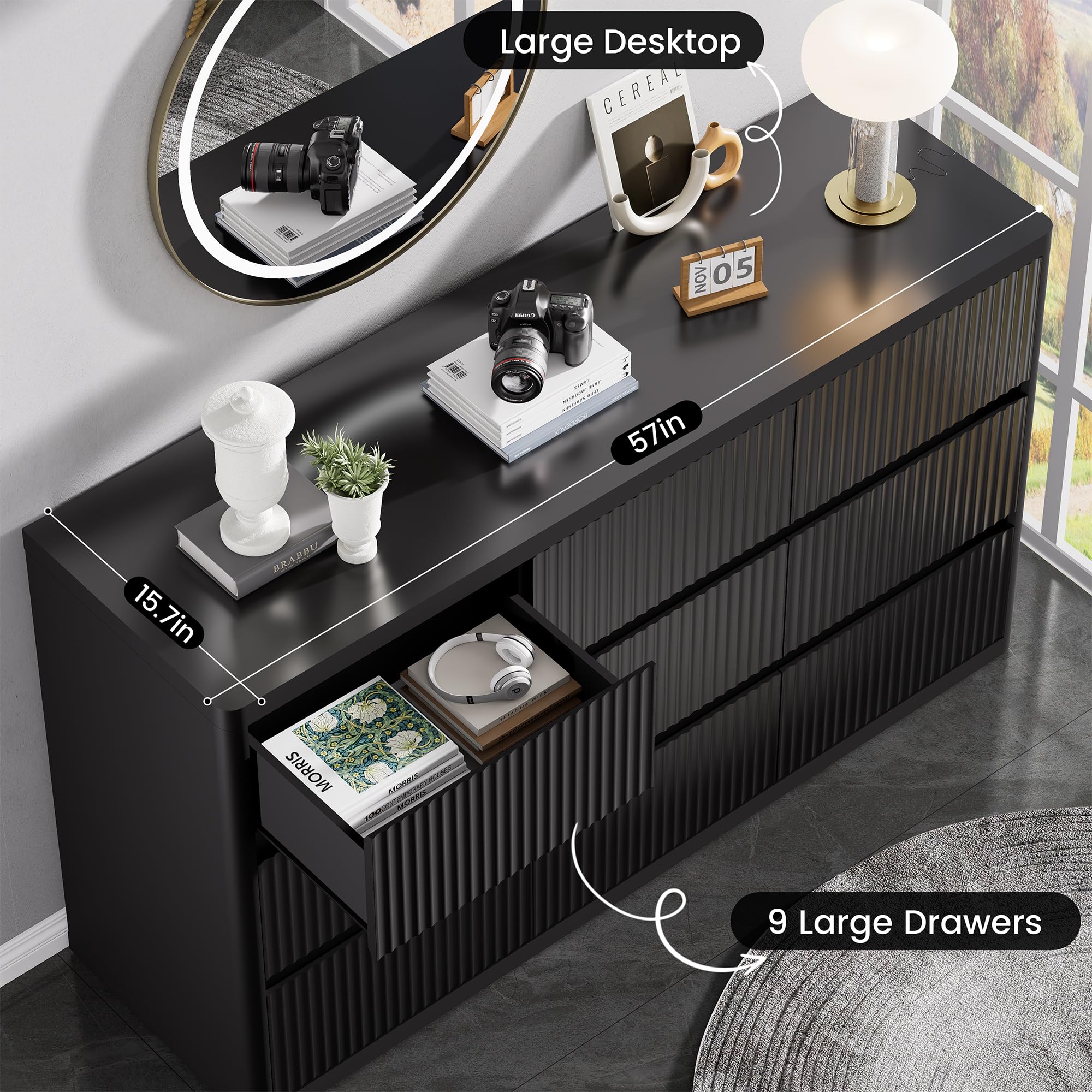 Fluted 9 Drawers Dresser