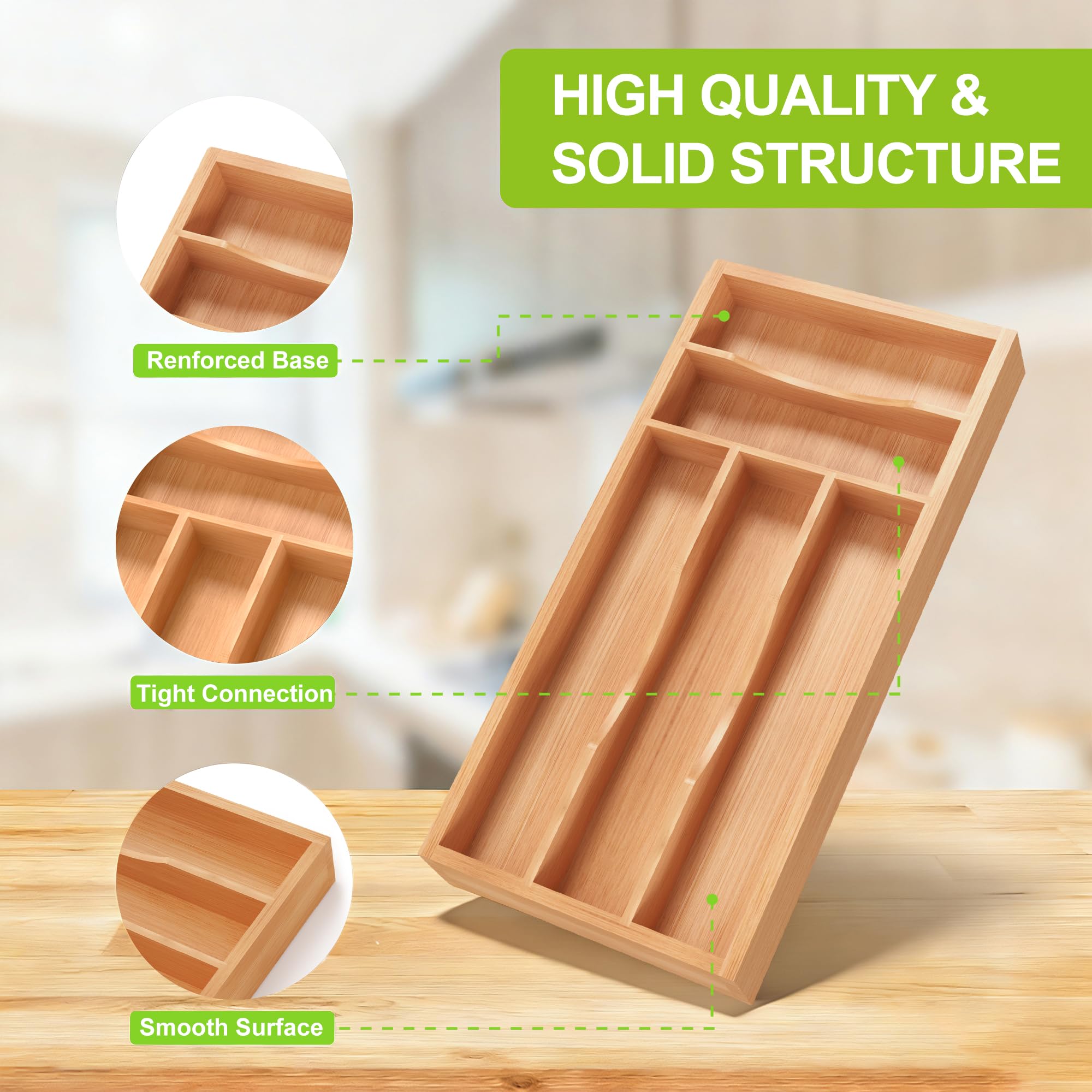 Bamboo Kitchen Silverware Organizer with Removable Divider