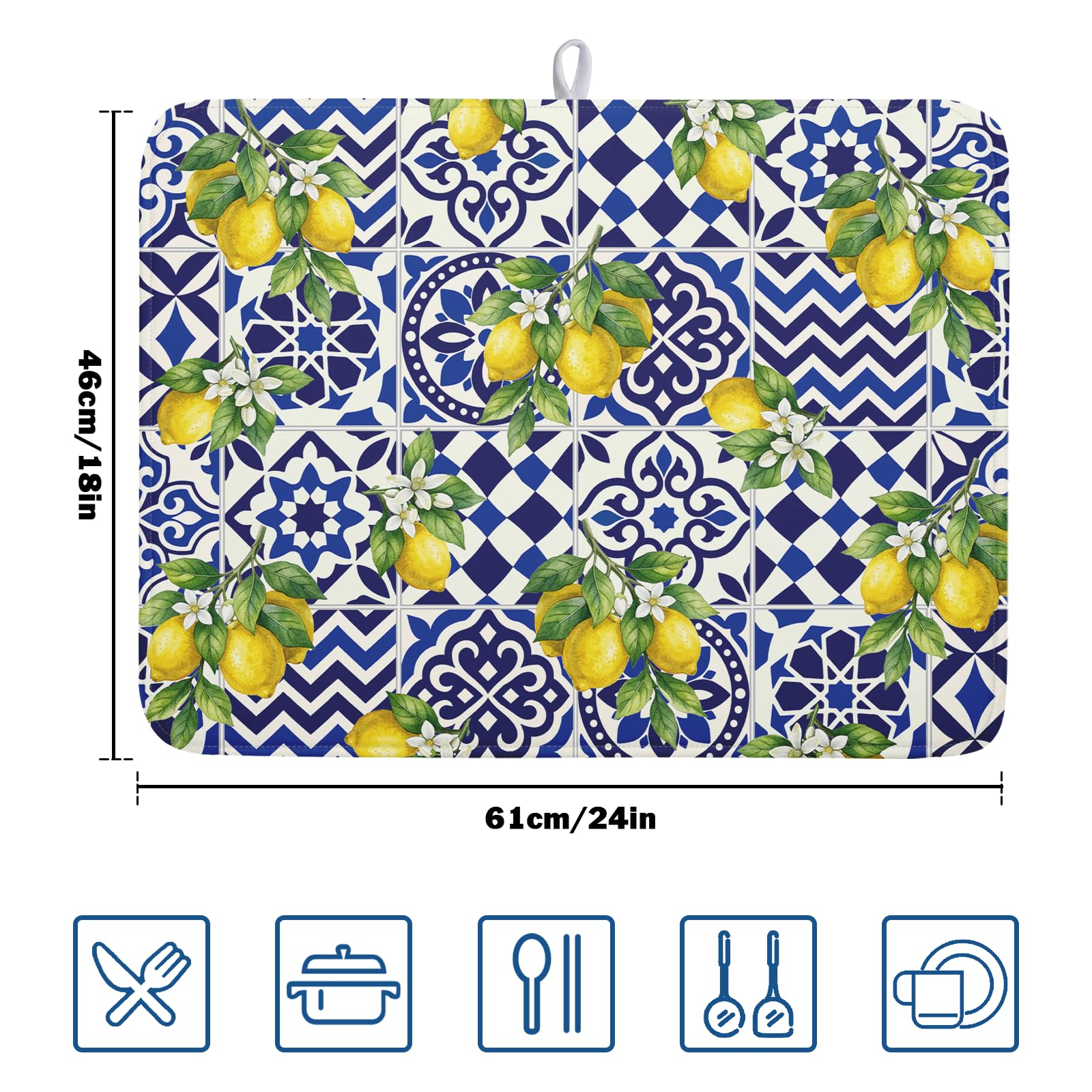 Lemon and Blue Tile Dish Drying Mat 18x24 Inch Absorbent Reversible Mexican Tilt Drying Mat Blue White Italy Lemons Dish Drying Rack Mat Summer Themed Dish Drainer Mat for Kitchen Counter Coffee Bar