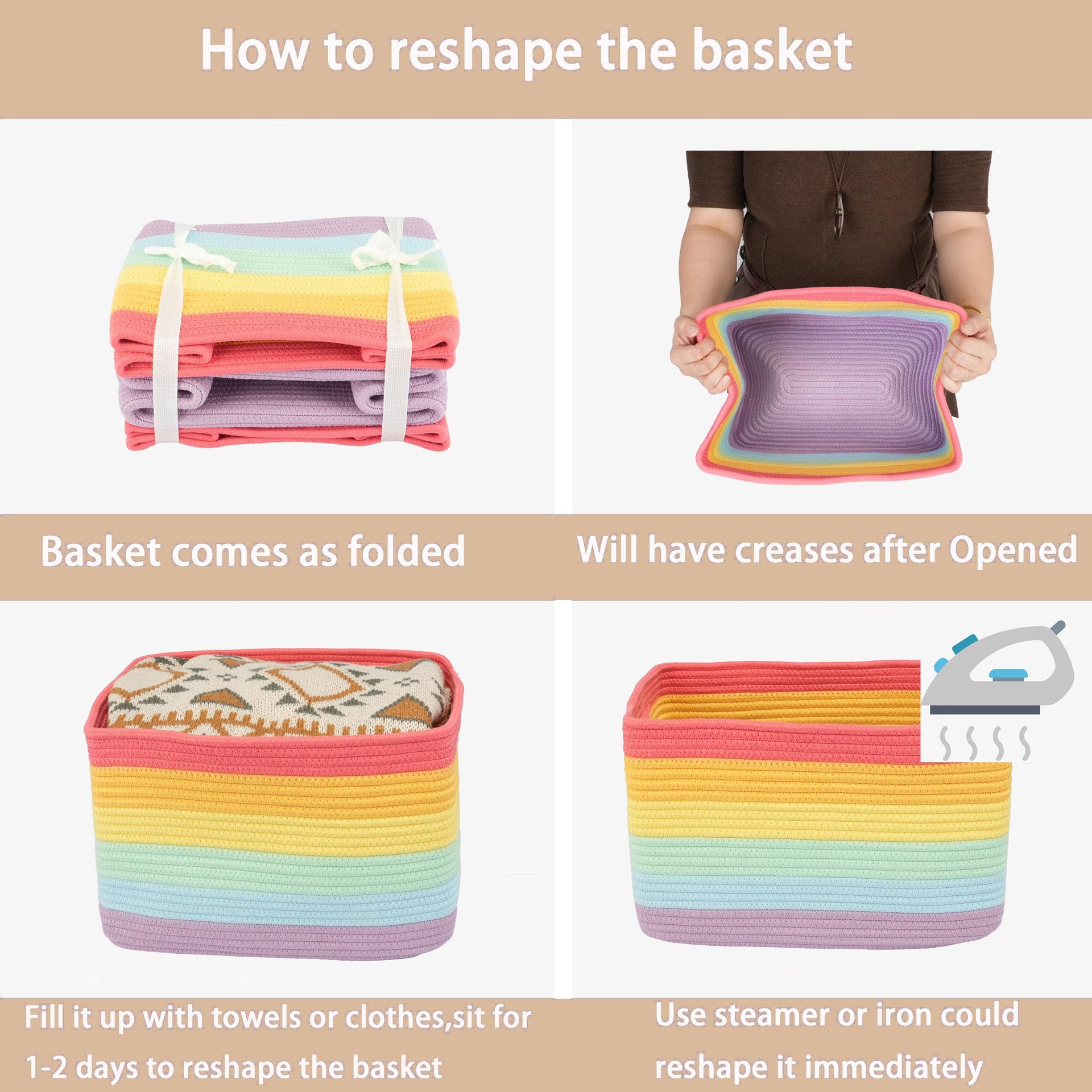 Woven Cotton Rope Storage Baskets 15x10x9.3" 3 Pack Rainbow