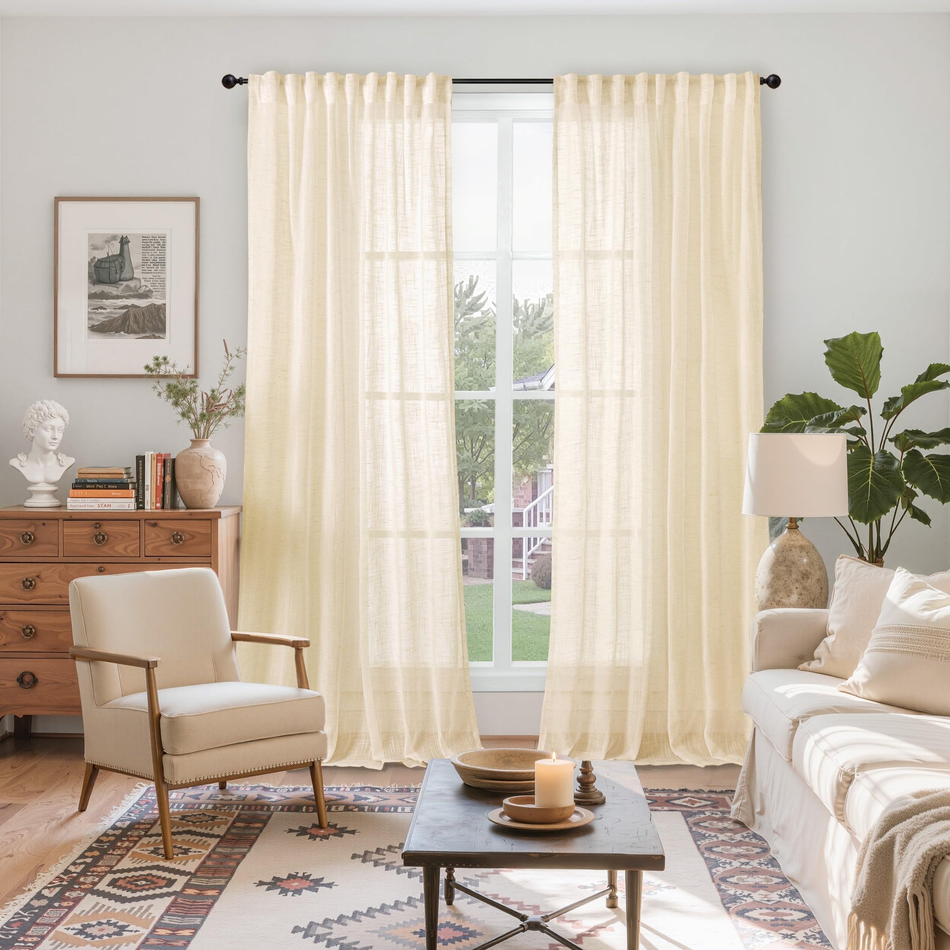 Extra Long Cream Beige Linen Semi Sheer Curtains 95 Inch Length 2 Panels (2 Count)