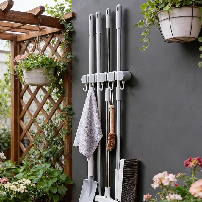 Mop and Broom Storage Rack, Space Saving Broom Hanger for Closet, Garage Organizer Storage, Basement Tool