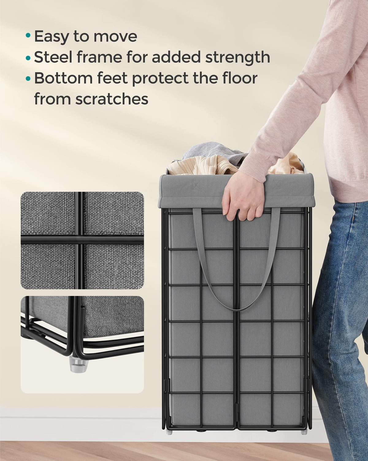 29 Gal. (110L) Laundry Basket, Laundry Hamper, Collapsible Clothes Hamper, Removable and Washable Liner, Metal Wire Frame, for Bedroom Bathroom, Black and Gray ULCB111G01 - ModHome Supplies