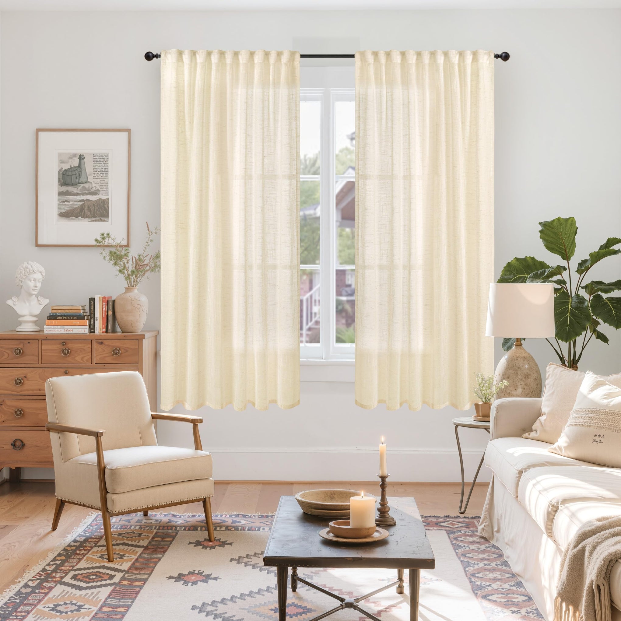 Linen Semi Sheer Curtains 63 Inch Length Cream Beige Drapes (2 Count)