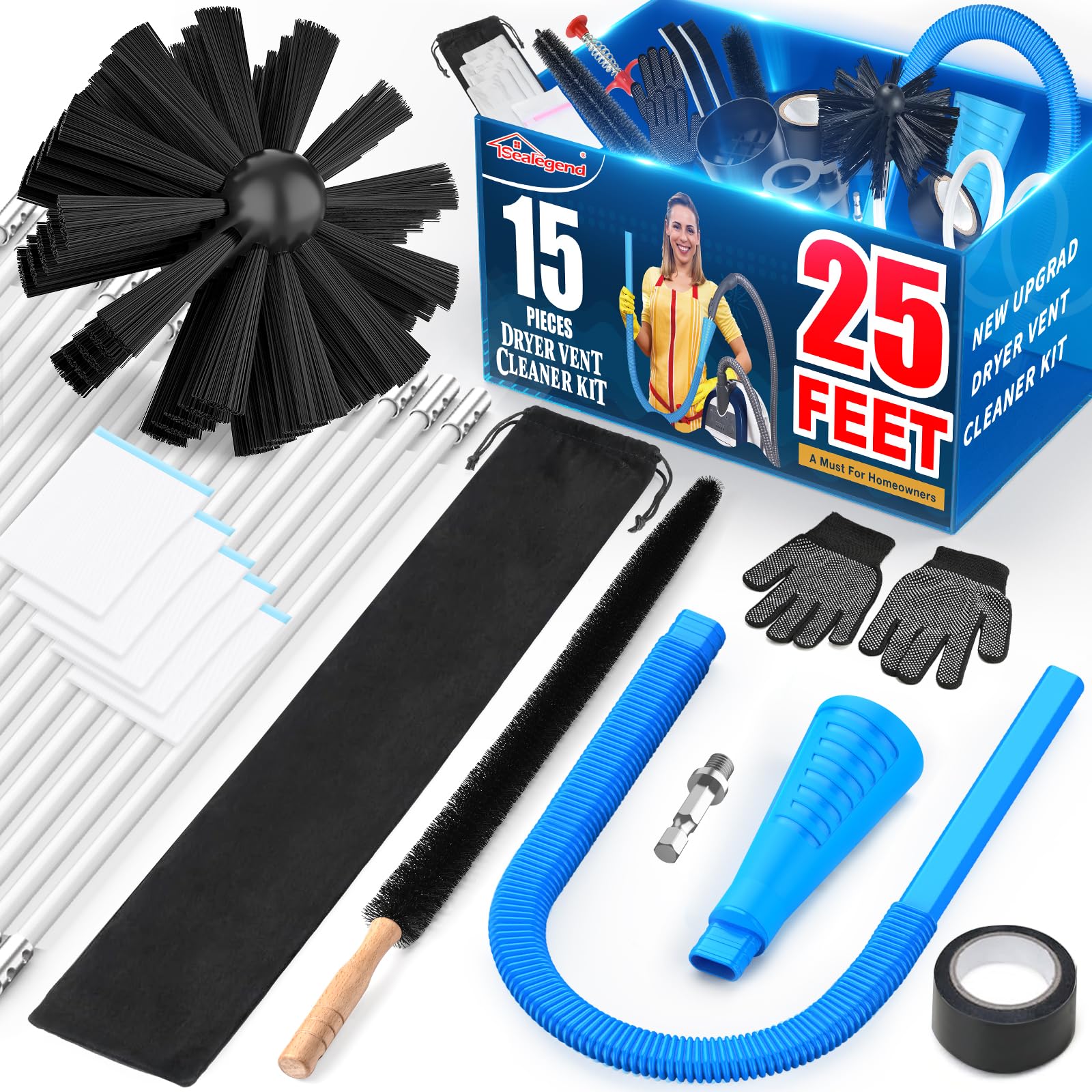 15-Piece 25-Feet Dryer Vent Cleaner Kit, Dryer Cleaning Tools, Omnidirectional Dryer Lint Vacuum Attachment, Dryer Vent Brush, Universal Vacuum & Dryer Adapters (Blue) (15 Count)