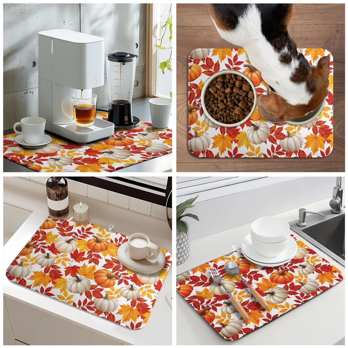 Fall Pumpkin Dish Drying Mat for Kitchen Counter 18x24 Inch Autumn Pumpkins Maple Leaves Drying Mats Thanksgiving Absorbent Reversible Dish Pad Fast Dry Drainer Mat Protector for Countertop Coffee Bar